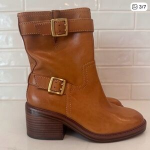 vince camuto vergila leather moto boot in gold walnut size 7